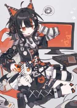 Rule 34 | 1girl, absurdres, ahoge, animal ear headphones, animal ears, belt, black belt, black hair, black shoes, black sweater, cat ear headphones, cat ears, commentary, computer keyboard, computer mouse, electric plug, fake animal ears, full body, grey background, headphones, highres, holding, holding phone, leg warmers, long sleeves, looking at viewer, mahou shoujo no majo saiban, monitor, multicolored hair, open mouth, orange eyes, phone, sawatari coco, shoes, sitting, solo, spoken squiggle, squiggle, streaked hair, stuffed animal, stuffed cat, stuffed toy, sweater, wusem0108