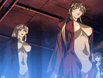 00s 1futa 2004 2girls animated animated_gif anime_screenshot back bible_black bible_black_new_testament blonde_hair bouncing_breasts breasts brown_hair chanting cloak earrings futanari high_ponytail imari_kurumi jewelry large_breasts lipstick long_hair makeup multiple_girls ponytail purple_eyes robe saeki_kaori shin_bible_black side_ponytail tagme