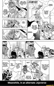 1girl 5boys age_difference angry artist_request beard breasts cleavage closed_eyes dark-skinned_female dark-skinned_male dark_skin english_text facial_hair grabbing_from_behind happy hermit_purple highres hug jean_pierre_polnareff jojo_no_kimyou_na_bouken joseph_joestar joseph_joestar_(old) kakyoin_noriaki kiss kuujou_joutarou mariah_(jojo) mohammed_avdol multiple_boys old old_man right-to-left_comic speech_bubble stand_(jojo) stardust_crusaders surprised third-party_source watermark