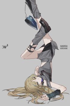 1girl alternate_costume arm_warmers black_boots black_nails black_skirt black_socks blonde_hair blue_eyes blue_hair boots braid braided_sidelock character_name clothes_iron clothing_cutout collared_shirt commentary_request foot_out_of_frame grey_background grey_shirt grey_skirt highres kirisame_marisa layered_skirt leg_warmers legs_up looking_at_viewer lying multicolored_hair necktie on_back pencil_skirt reeh_(yukuri130) shirt side_cutout skirt sleeveless sleeveless_shirt smile socks solo streaked_hair torn_clothes torn_socks touhou