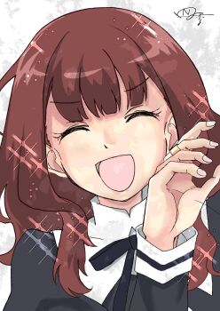 Rule 34 | 1girl, :d, ^ ^, artist name, assault lily, black ribbon, blunt bangs, brown hair, closed eyes, commentary request, facing viewer, fingernails, grey background, hand up, highres, jewelry, kaede johan nouvel, long hair, long sleeves, naganuki shiki, neck ribbon, ojou-sama pose, open mouth, portrait, ribbon, ring, school uniform, signature, smile, solo, sparkle, two-tone background, white background, yurigaoka girls academy school uniform