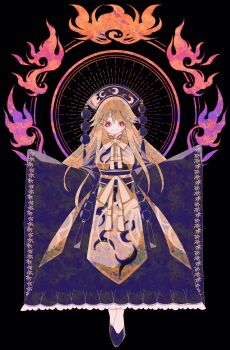 Rule 34 | 1girl, absurdres, black background, black shoes, blonde hair, boku (isizakitakasi), chinese clothes, crescent print, dalachi (headdress), fire, full body, halo, highres, junko (touhou), long hair, looking at viewer, no nose, phoenix print, pom pom (clothes), red eyes, ribbon, shoes, smile, solo, tabard, touhou, very long sleeves, yellow ribbon