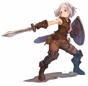 1girl artist_name belt belt_pouch boots brown_belt brown_boots brown_eyes brown_gloves brown_pants brown_shirt dojen fighting_stance full_body gloves grey_hair highres holding holding_shield holding_sword holding_weapon jewelry knee_boots legs_apart looking_to_the_side necklace original outstretched_arm pants parted_bangs potion pouch scar scar_across_eye scar_on_face scar_on_nose shadow sheath shield shirt short_hair simple_background sleeveless sleeveless_shirt solo split_mouth standing sword v-shaped_eyebrows vial weapon white_background