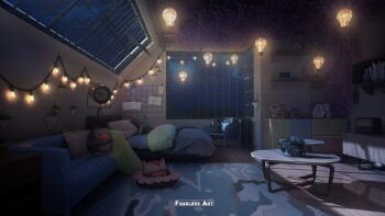 3d absurdly_detailed_composition absurdres bed blanket blender_(medium) box carpet chair clothes_pin cloud commentary couch drawing english_commentary floor foxeleos highres indoors lamp light_bulb loaded_interior night nintendo_switch no_humans open_window original photoshop_(medium) pillow plant radio scenery shadow shelf sky spotlight statue stuffed_animal stuffed_toy table vines wall watermark window wooden_floor