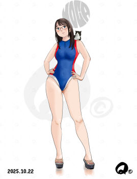 1girl animal animal_on_shoulder artist_logo black_eyes black_hair blue_leotard breasts cat cat_on_shoulder commentary_request dated full_body glasses leotard logo long_hair looking_at_viewer medium_breasts multicolored_leotard original platform_shoes q98780409 shoes simple_background white_background