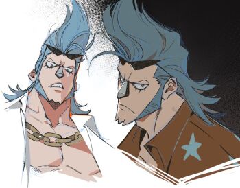 1boy adam&#039;s_apple blue_hair chain cropped_shoulders cyborg eyewear_on_head franky_(one_piece) frown furrowed_brow gold_chain looking_at_viewer lower_eyelashes_only male_focus multiple_views muscular muscular_male one_piece pompadour qin_(7833198) sideburns sunglasses