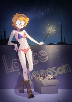 1girl absurdres american_flag american_flag_bikini american_flag_print arikindows10 artist_name bikini blue_eyes boots character_name closed_mouth fireworks flag_print flag_print_bikini freckles glasses hairband highres holding holding_fireworks little_witch_academia looking_at_viewer lotte_jansson navel night night_sky orange_hair print_bikini short_hair side-tie_bikini_bottom signature sky smile solo sparkler standing star_(sky) starry_sky swimsuit