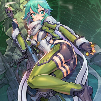 1girl anti-materiel_rifle aqua_eyes aqua_hair armor ass black_shorts blush breastplate breasts butt_crack chaps closed_mouth commentary female_focus fingerless_gloves from_behind gloves gun hair_between_eyes hair_ornament hairclip looking_at_viewer looking_back lying medium_breasts on_side reiq rifle scarf shell_casing shiny_clothes shiny_skin short_hair short_shorts shorts sinon smile smoke sniper_rifle solo sword_art_online weapon zoom_layer