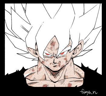 1boy artist_name black_shirt dragon_ball dragonball_z fenyon grey_hair limited_palette medium_hair muscular muscular_male official_alternate_eye_color official_alternate_hair_color red_eyes shirt simple_background smirk solo son_goku spiked_hair super_saiyan super_saiyan_1 upper_body white_background