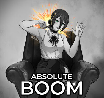 Rule 34 | absolute cinema (meme), chainsaw man, chair, collar, crossed legs, explosion, green eyes, hand up, highres, korzynka persykiv, looking at viewer, meme, reze (chainsaw man), shirt, sitting, tongue, tongue out, white shirt