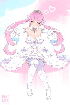 Rule 34 | 1girl, absurdres, anchor ornament, anchor symbol, aqua hair, armpits, bare shoulders, braid, breasts, choker, cleavage, closed eyes, closed mouth, colored inner hair, commentary, dress, drill hair, elbow gloves, facing viewer, frilled choker, frilled dress, frilled thighhighs, frills, full body, gloves, hakimen, heart, highres, hololive, large breasts, long hair, minato aqua, minato aqua (aqua iro super dream), multicolored hair, official alternate costume, outstretched arms, pink hair, reaching, reaching towards viewer, shoes, side braids, sitting, smile, solo, strapless, strapless dress, thighhighs, tiara, twin drills, twintails, two-tone hair, virtual youtuber, white choker, white dress, white gloves, white shoes