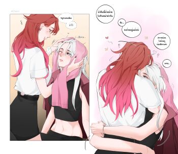 Rule 34 | 2girls, absurdres, arms around waist, black skirt, blue eyes, blush, breasts, commentary request, crop top, gradient hair, heart, highres, hug, large breasts, long hair, midriff, multicolored hair, multiple girls, one eye closed, original, pencil skirt, pink hair, red hair, shirt, short sleeves, skirt, speech bubble, sweetandsour9, thai commentary, thai text, toned, toned female, towel, towel on head, translation request, white hair, white shirt, yuri