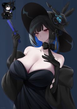 1girl absurdres bare_shoulders black_choker black_dress black_gloves black_hair black_hat black_shawl blue_hair blunt_bangs breasts choker colored_inner_hair commentary dress elbow_gloves flower flower_knot folded_fan folding_fan gloves grey_background hair_bun hair_ornament hand_fan hand_on_own_chest hands_up hat hat_feather highres holding holding_fan hololive hololive_english horn_flower huge_breasts long_hair looking_at_viewer mintz912 mole mole_under_eye multicolored_hair nerissa_ravencroft official_alternate_costume official_alternate_hairstyle purple_eyes ribbon_choker shawl side_up_bun simple_background single_side_bun sleeveless sleeveless_dress solo straight_hair strapless strapless_dress tassel tassel_hair_ornament very_long_hair virtual_youtuber wide_brim
