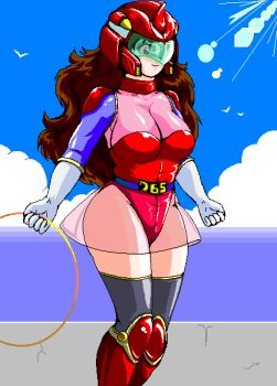 1girl belt bird boots breasts cloud gloves helmet highleg highleg_leotard hoop kanda_momo large_breasts leotard namco number_print ocean red_leotard rf_(aruehu) seagull see-through_clothes see-through_skirt skirt smile solo sunlight thighhighs translation_request white_gloves wonder_momo