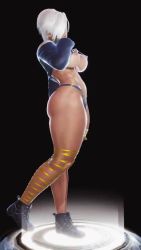1girl 3d angel_(kof) animated artist_request ass back_tattoo blue_eyes breasts butt_crack cleavage collarbone curvy fingerless_gloves full_body gloves hair_over_one_eye highleg highleg_panties highres huge_ass huge_breasts large_breasts lips long_sleeves looking_at_viewer navel o-ring o-ring_bottom o-ring_panties panties perspective revealing_clothes revision short_hair silver_hair skindentation sleeves_rolled_up snk solo tattoo the_king_of_fighters thong tramp_stamp underwear video wide_hips