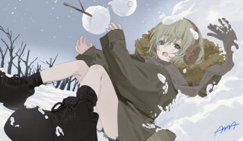 1girl 4_ge bags_under_eyes bare_tree black_eyes black_shoes black_socks brown_coat coat commentary earmuffs fur-trimmed_coat fur_trim grey_hair grey_scarf grey_sky hands_up highres long_sleeves looking_at_viewer lying on_back on_ground open_mouth original outdoors scarf shoes short_hair short_shorts shorts signature sky sneakers snow snow_on_head snowman socks solo symbol-only_commentary tree