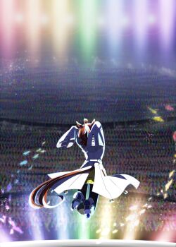 1girl agnes_tachyon_(tach-nology)_(umamusume) agnes_tachyon_(umamusume) ahoge animal_ears black_pantyhose brown_hair concert crowd from_behind highres horse_ears horse_girl horse_tail huge_ahoge jumping lab_coat long_sleeves medium_hair morimoru413 pantyhose sleeves_past_fingers sleeves_past_wrists solo_focus spotlight stage sweater sweater_vest tail umamusume yellow_sweater yellow_sweater_vest