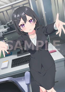 1girl anime_coloring black_hair black_skirt black_suit blush chair closed_mouth computer computer_keyboard cowboy_shot desk formal_clothes hair_between_eyes hair_ornament hairpin hoshizaki_(sasaki_to_p-chan) jewelry long_sleeves looking_at_viewer monitor nakashiki_saori necklace office office_chair official_art open_hands outstretched_arms outstretched_hand palms pencil_skirt purple_eyes reaching reaching_towards_viewer sample_watermark sasaki_to_p-chan shirt short_hair skirt solo spread_fingers standing suit swivel_chair v-shaped_eyebrows watermark