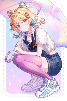 Rule 34 | 1girl, absurdres, ahoge, aqua eyes, aqua hair, blonde hair, blue overalls, braid, commentary, cone hair bun, english commentary, full body, hair bun, highres, holding, holding umbrella, jewelry, light blush, light smile, looking at viewer, low twin braids, lucie (millie parfait), medium hair, midriff, millie parfait, millie parfait (5th costume), multicolored hair, necklace, nijisanji, nijisanji en, overalls, purple thighhighs, senmi (vvv 1864), shoes, sneakers, squatting, streaked hair, thighhighs, twin braids, umbrella, virtual youtuber