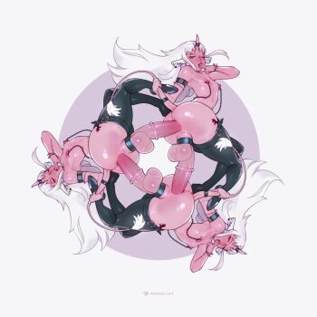 3futa armlet ass colored_skin ddd_threesome demon_tail futa_with_futa futa_without_pussy futanari group_sex highres holding_another&#039;s_tail horns huge_ass huge_penis jewelry multiple_futa nipple_piercing one_eye_closed original penis piercing pink_skin red_eyes rotational_symmetry simple_background single_horn spiked_cock_ring tail tailbox testicles threesome w white_background white_hair