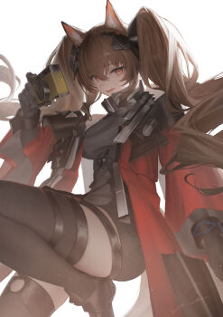 Rule 34 | 1girl, angelina (arknights), animal ear fluff, animal ears, arknights, arknights: endfield, black gloves, black shorts, black thighhighs, breasts, brown hair, camera, check clothing, clothing request, coat, commentary, gilberta (arknights), gloves, grey shirt, hair between eyes, headgear, highres, holding, holding camera, long hair, looking at viewer, medium breasts, orange eyes, ozeu0916, red coat, shirt, shorts, signature, simple background, smile, solo, thighhighs, thighs, twintails, white background