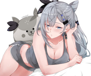 Rule 34 | 1girl, absurdres, bazo (vestia zeta), blue eyes, breasts, camisole, cleavage, commentary, cone hair bun, dolphin shorts, earrings, grey camisole, grey hair, grey shorts, hair bun, highres, hololive, hololive indonesia, horisu (kholiskun), jewelry, lying, meme, midriff, navel, on side, shorts, single earring, symbol-only commentary, twitter username, vestia zeta, virtual youtuber, which holomem looks best in these? (meme), white background