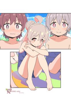 Rule 34 | 1girl, 2boys, absurdres, ahoge, bare arms, bare legs, bare shoulders, barefoot, blue one-piece swimsuit, blush, brown eyes, brown hair, commentary, feet, genderswap, genderswap (mtf), grey hair, hair bun, highres, hugging own legs, multicolored hair, multiple boys, nose blush, one-piece swimsuit, onii-chan wa oshimai!, oyama mahiro, pink hair, robomito, sakurada yuuta, senkawa minato, sitting, smile, sweatdrop, swimsuit, toes, two-tone hair, wavy mouth