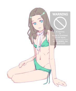 Rule 34 | 1girl, adversarial noise, aqua bikini, bare shoulders, bikini, black hair, blue eyes, brown hair, commentary request, grin, kbrg, long hair, looking at viewer, navel, original, ribs, simple background, sitting, smile, solo, swimsuit, watermark, white background, yokozuwari