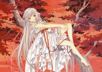 1girl absurdres barefoot blonde_hair bow chii chobits clamp clamp_(circle) dress foliage hair_tubes highres in_tree long_hair low-tied_sidelocks official_art orange_eyes red_bow red_sash red_sky red_theme robot_ears sash sidelocks sitting sitting_in_tree sky solo traditional_media tree very_long_hair white_dress