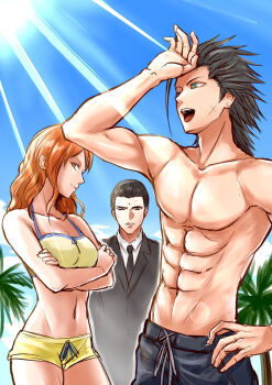 1girl 2boys aqua_eyes bare_arms beach bikini bindi black_male_swimwear black_suit black_swim_trunks breasts brown_eyes cissnei cleavage costa_del_sol crisis_core:_final_fantasy_vii crossed_arms drawstring earrings facial_scar final_fantasy final_fantasy_vii formal_clothes hair_slicked_back hand_on_own_hip hand_up highres horse_girl igusaharu jewelry male_swimwear medium_breasts medium_hair midriff multiple_boys muscular muscular_male navel necktie one_eye_closed open_mouth orange_eyes orange_hair outdoors palm_tree pectorals scar scar_on_cheek scar_on_face shirt short_shorts shorts single_earring square_enix suit sun sweat swim_trunks swimsuit teeth topless_male tree tseng turks_(ff7) upper_body upper_teeth_only wavy_hair white_shirt zack_fair