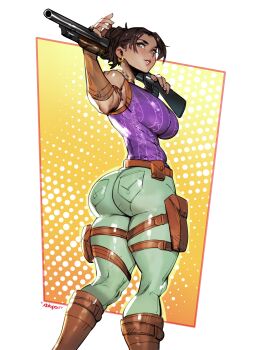 1girl absurdres armlet ass belt belt_pouch boots breasts brown_belt brown_boots brown_gloves brown_hair dark-skinned_female dark_skin earrings elbow_gloves feet_out_of_frame gloves green_pants gun half_updo highres holding holding_behind_neck holding_gun holding_weapon jewelry knee_boots large_breasts leather leather_belt leather_boots leather_gloves leather_strap looking_back narrow_waist pants ponytail pouch purple_shirt red_pupils resident_evil resident_evil_5 sheva_alomar shirt short_ponytail shotgun skin_tight sleeveless solo standing tan thick_thighs thigh_pouch thigh_strap thighs topsu two-handed weapon yellow_eyes
