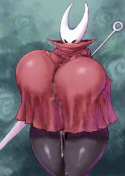 1boy 1girl 2b-ge black_skin blush breasts colored_skin cum dress eyelashes femdom furry furry_female gigantic_breasts hetero highres hollow_knight hornet_(hollow_knight) horns red_dress standing sword thick_thighs thighs weapon wide_hips