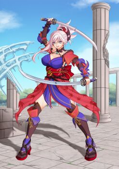 1girl absurdres asymmetrical_bangs blue_eyes breasts dual_wielding earrings fate/grand_order fate_(series) fighting_stance full_body high_heel_sandals highres holding holding_sword holding_weapon jewelry large_breasts looking_at_viewer miyamoto_musashi_(fate) open_mouth pillar pink_hair punnosalt red_sash ruins sandals sash shadow solo sword thighhighs variant_set weapon
