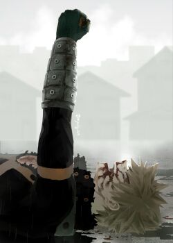 1boy bakugou_katsuki black_gloves blonde_hair blood blood_from_mouth blood_on_face blurry blurry_background boku_no_hero_academia clenched_hand gloves hair_over_eyes hashtag-only_commentary highres male_focus myalg_129 open_mouth rain raised_fist short_hair smile solo spiked_hair superhero_costume torn_clothes town twitter_username upper_body