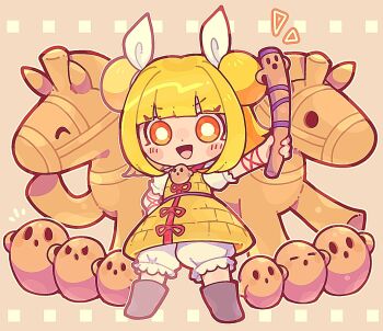 1girl armor blonde_hair bloomers chibi closed_eyes commentary_request double_bun dress hair_bun hair_ribbon haniwa_(statue) highres hollow_eyes horse_statue ikururu joutouguu_mayumi looking_at_viewer orange_eyes outstretched_arm puffy_short_sleeves puffy_sleeves ribbon short_sleeves standing touhou underwear white_bloomers white_ribbon yellow_dress