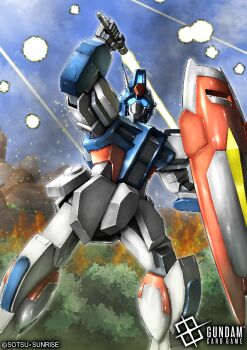 arm_up blue_visor copyright_logo copyright_name copyright_notice energy_sword explosion gundam gundam_card_game gundam_seed holding holding_shield holding_sword holding_weapon humanoid_robot logo mecha mobile_suit no_humans official_art outdoors radio_antenna robot science_fiction shield strike_dagger sword weapon yatta070622