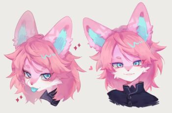 1girl androgynous animal_ears black_shirt blue_eyes blue_tongue colored_tongue commentary commission cropped_head english_commentary fox_girl fox_tail furry furry_female looking_at_viewer medium_hair multiple_views neku_boo original pink_fur pink_hair shirt simple_background smile snout sparkle tail tongue tongue_out white_background