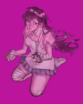 1girl absurdres apron bandaged_hand bandaged_leg bandages bandaid bandaid_on_knee bandaid_on_leg blue_skirt collared_shirt commentary danganronpa_(series) danganronpa_2:_goodbye_despair doinkism english_commentary full_body highres holding holding_bandages holding_scissors kneeling long_hair mole mole_under_eye pink_background pink_shirt purple_eyes purple_hair scissors shirt shoes short_sleeves simple_background skirt smile solo tsumiki_mikan white_apron white_shoes