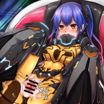 1boy 1girl bar_censor black_thighhighs black_trim blue_hair blue_trim blush bodysuit breasts censored chair commentary_request covered_erect_nipples covered_mouth erection gorget gradient_hair headgear heart heart-shaped_pupils hiruno impossible_bodysuit impossible_clothes invisible_penis knees_up long_hair lying medium_breasts multicolored_hair neon_trim nose_blush on_back on_chair orange_eyes penis phantasy_star phantasy_star_online_2 pink_hair pussy quna_(pso2) spread_pussy spreading_own_pussy sweat symbol-shaped_pupils thighhighs torn_bodysuit torn_clothes twintails twitching_penis two-tone_hair yellow_bodysuit zelsius