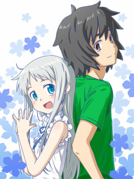 1boy 1girl ano_hi_mita_hana_no_namae_wo_bokutachi_wa_mada_shiranai. back-to-back black_hair blue_eyes blush brown_eyes commentary_request dress flower grey_hair honma_meiko long_hair looking_at_viewer open_mouth punto shirt smile t-shirt upper_body white_dress yadomi_jinta