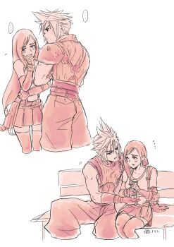 ... 1boy 1girl armor baggy_pants bare_shoulders blush bottle cloud_strife commentary_request crop_top cropped_legs crossed_arms elbow_gloves final_fantasy final_fantasy_vii final_fantasy_vii_remake fingerless_gloves flying_sweatdrops gloves height_difference highres holding holding_bottle long_hair looking_at_another midriff miniskirt multiple_views ninnin5tora on_bench pants short_hair shoulder_armor simple_background sitting skirt sleeveless sleeveless_turtleneck spiked_hair spoken_ellipsis standing sweater swept_bangs tank_top thighhighs tifa_lockhart turtleneck turtleneck_sweater white_background zettai_ryouiki