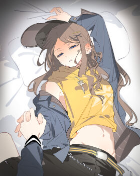 2girls absurdres bang_dream! bang_dream!_it&#039;s_mygo!!!!! baseball_cap black_hat blue_eyes brown_hair chinese_commentary commentary_request cropped_hoodie earclip female_pov grey_jacket half-closed_eyes hat highres holding_hands hood hoodie interlocked_fingers jacket long_hair midriff multiple_girls nagasaki_soyo on_bed pillow pov school_uniform sleeveless sleeveless_hoodie straddling tears tsukinomori_school_uniform wakaba_mutsumi yellow_hoodie yuan_shuang yuri
