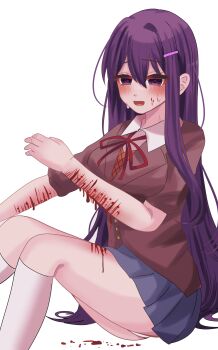 1girl :d absurdres blazer bleeding blood blue_skirt collared_shirt doki_doki_literature_club doki_doki_literature_club_school_uniform feet_out_of_frame grey_jacket hand_up highres jacket kneehighs long_hair looking_at_viewer moeti0302 neck_ribbon open_mouth orange_vest purple_eyes purple_hair ribbon scar scar_on_arm school_uniform self-harm shirt sitting skirt sleeves_rolled_up smile socks sweatdrop thigh_cutting vest white_shirt white_socks wrist_cutting yuri_(doki_doki_literature_club)