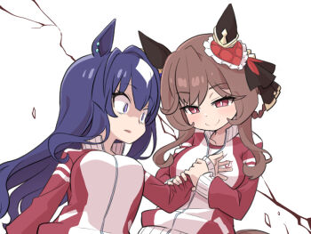 animal_ears blush braid braided_hair_rings breasts brown_hair commentary_request ear_covers ear_ornament gentildonna_(umamusume) hair_between_eyes hair_ornament hair_rings heart-shaped_ornament heart_ear_ornament horse_ears horse_girl horse_tail large_breasts long_hair multiple_girls nino_(ninouchi_irazu) red_eyes school_uniform simple_background single_ear_cover smile strong tail tracen_school_uniform tracen_training_uniform umamusume verxina_(umamusume) white_background