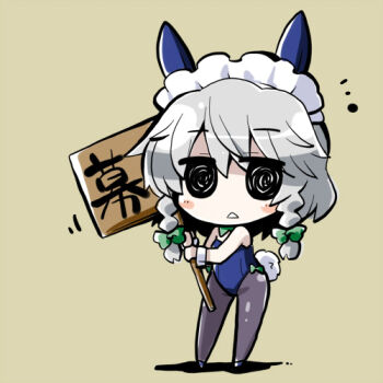1girl akaneya animal_ears bad_id bad_pixiv_id banner black_pantyhose bow bowtie braid chibi fake_animal_ears female_focus holding holding_sign izayoi_sakuya lowres maid_headdress pantyhose playboy_bunny rabbit_ears ribbon short_hair sign silver_hair solo touhou twin_braids