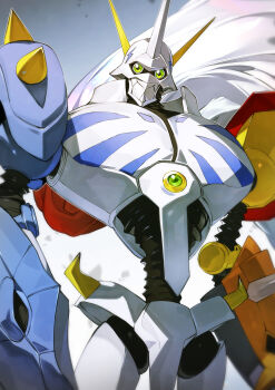 Rule 34 | absurdres, cape, cowboy shot, digimon, digimon (creature), green eyes, highres, looking at viewer, mecha, omegamon, robot, shoulder spikes, simple background, solo, spikes, toridamono, white cape