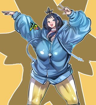1girl blue_jacket breasts female_focus highres jacket julioalqae large_breasts lida_(pokemon) long_hair nintendo open_mouth outline pants pokemon shiny_clothes smile solo standing thick_thighs thighs v white_outline yellow_background yellow_pants