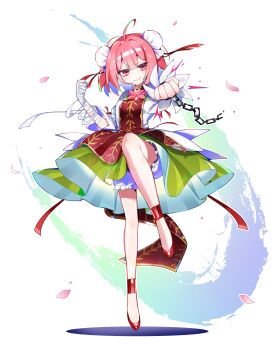 1girl absurdres ahoge bandaged_hand bandages bloomers bun_cover chain chinese_clothes commentary double_bun falling_petals fighting_stance flower full_body hair_bun highres ibaraki_kasen petals pink_eyes pink_flower pink_hair red_shoes shadow shoes sia_6767 smile solo touhou underwear white_background white_bloomers