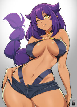 Rule 34 | 1girl, bare shoulders, bayeuxman, black shorts, braid, breasts, breasts apart, choker, collarbone, commentary request, dark-skinned female, dark skin, demon girl, fang, hair flaps, hand on own hip, highres, jahy, jahy-sama wa kujikenai!, long braid, long hair, looking at viewer, navel, o-ring, o-ring top, one eye closed, pointy ears, purple hair, short shorts, shorts, single braid, slit pupils, solo, very long hair, yellow eyes