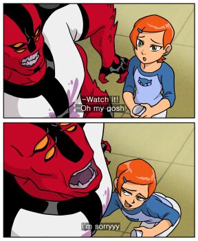 1boy 1girl absurdres alien assertive_female ben_10 cyberpunk_(series) cyberpunk:_edgerunners four_arms_(ben_10) green_eyes gwen_tennyson hair_ornament hairclip highres implied_handjob incest loli naughty_face parody red_hair smile spill ta-na_(tana351) teasing